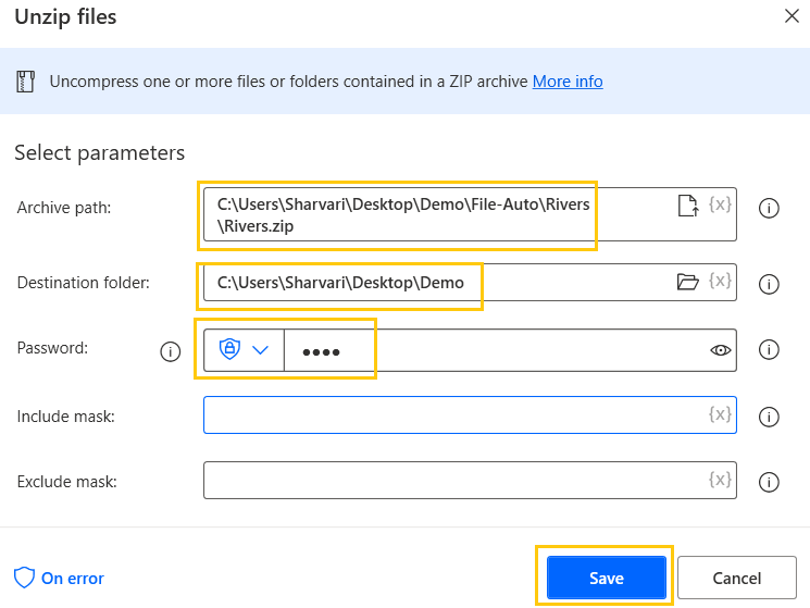 unzip-rivers-files-compression-action-flow-power-automate-desktop