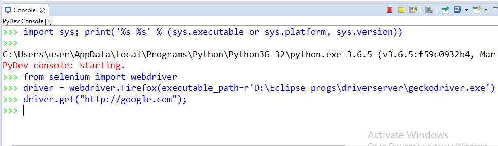 pydev-console-selenium-live